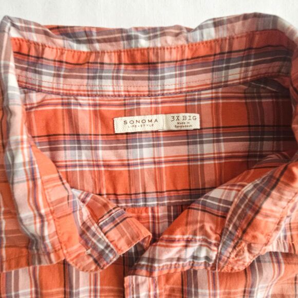 SONOMA Mens Orange Plaid Short Sleeve Button Shirt Size 3X BIG - Picture 2 of 5